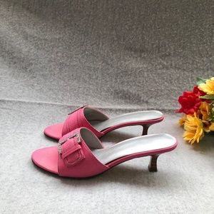 Hot Pink Denim Slide Sandals with Rhinestone Buckles